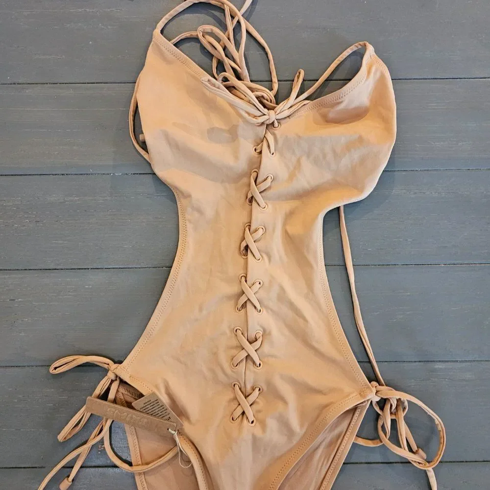 SKIMS Women's Ochre Signature Swim Lace Up Halter Monokini Size Large